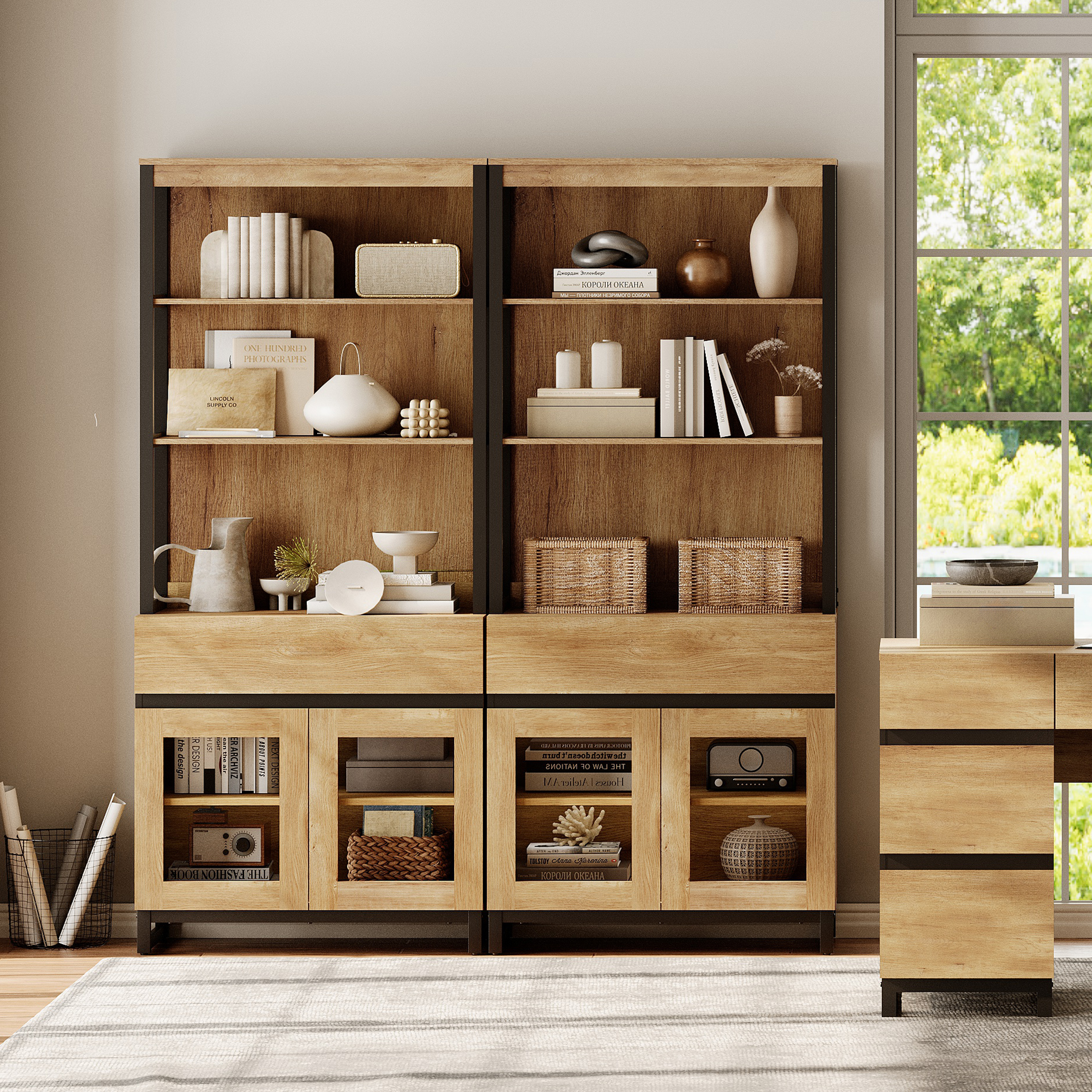 WAMPAT 2-Piece Modern 72" Tall Freestanding Bookcase,2 Drawers & Open Shelves with Glass Door Storage Cabinet, Wood Library Bookshelf for Home Office & Living Room
