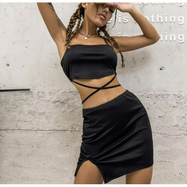 VISgogo Conjuntos de Ropa de Moda para Mujer, Sling Bandage Crop Tank Tops Cintura Alta Falda Dividida Trajes de Color Sólido VISgogo moda