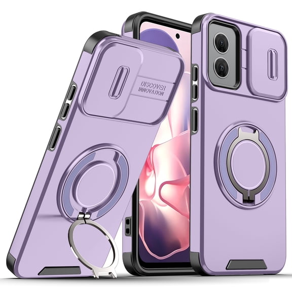 Moreoy Magnetic Kickstand Case for Motorola Moto G Stylus 5G (2024) with Sliding Lens Cover, Shockproof Heavy Duty Protective Phone Case with Rotating Ring Holder Stand Finger Grip,Purple