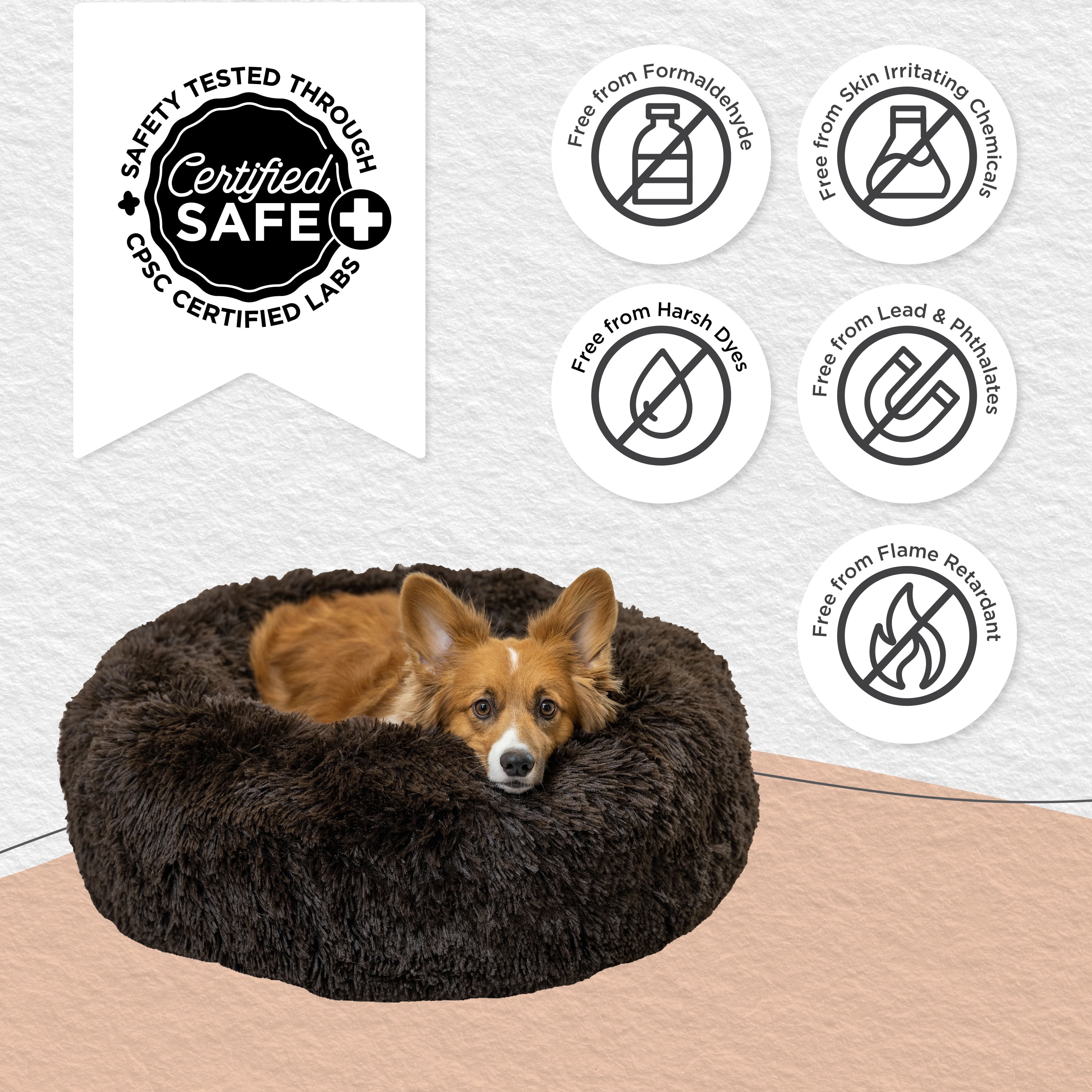 Best Friends by Sheri The Original Calming Donut Dog and Cat Bed in Shag Fur Dark Brown, Medium 30x30"