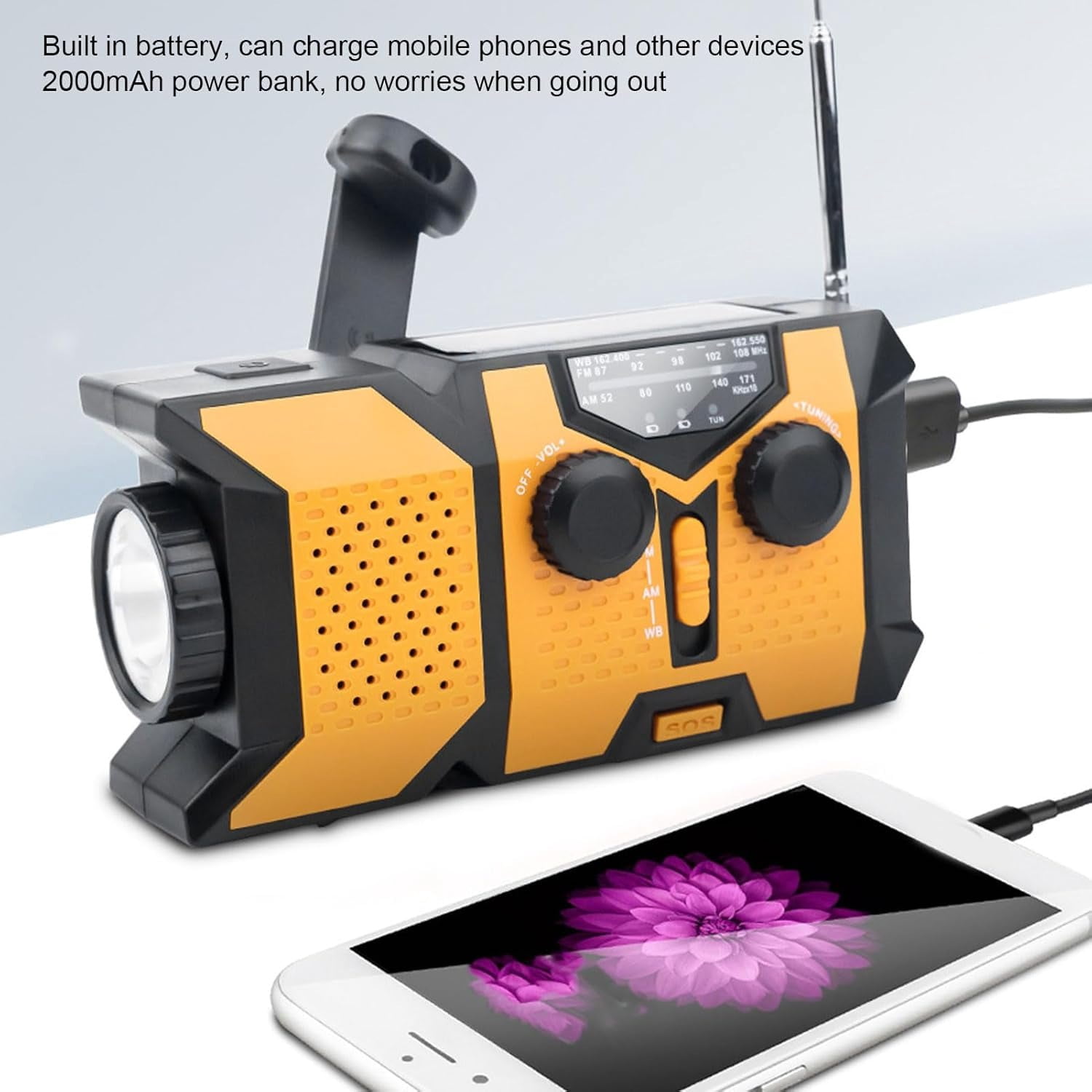 NOAA Weather Radio, 2000mAh Solar Hand Crank Emergency Radio with AM/FM/WB, Portable Survival Radio with LED Flashlight, Phone Charger, for Home Power Outage Camping Hurricane Preparedness