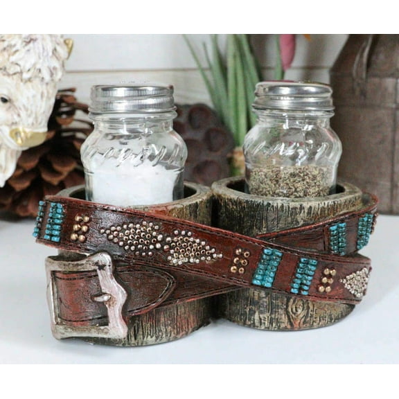 Rustic Western Cowboy Faux Leather Belt On Wood Salt Pepper Shakers Holder