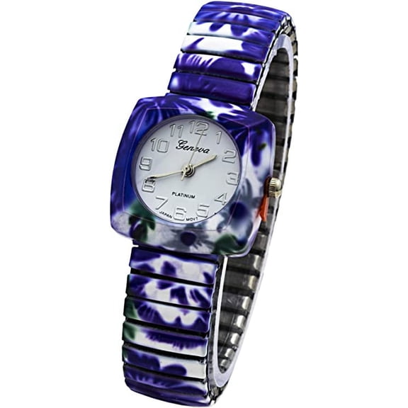 Blekon Collections Japanese Quartz Womens 27mm Outdoor Case Floral Purple Design Stretch Band Watch