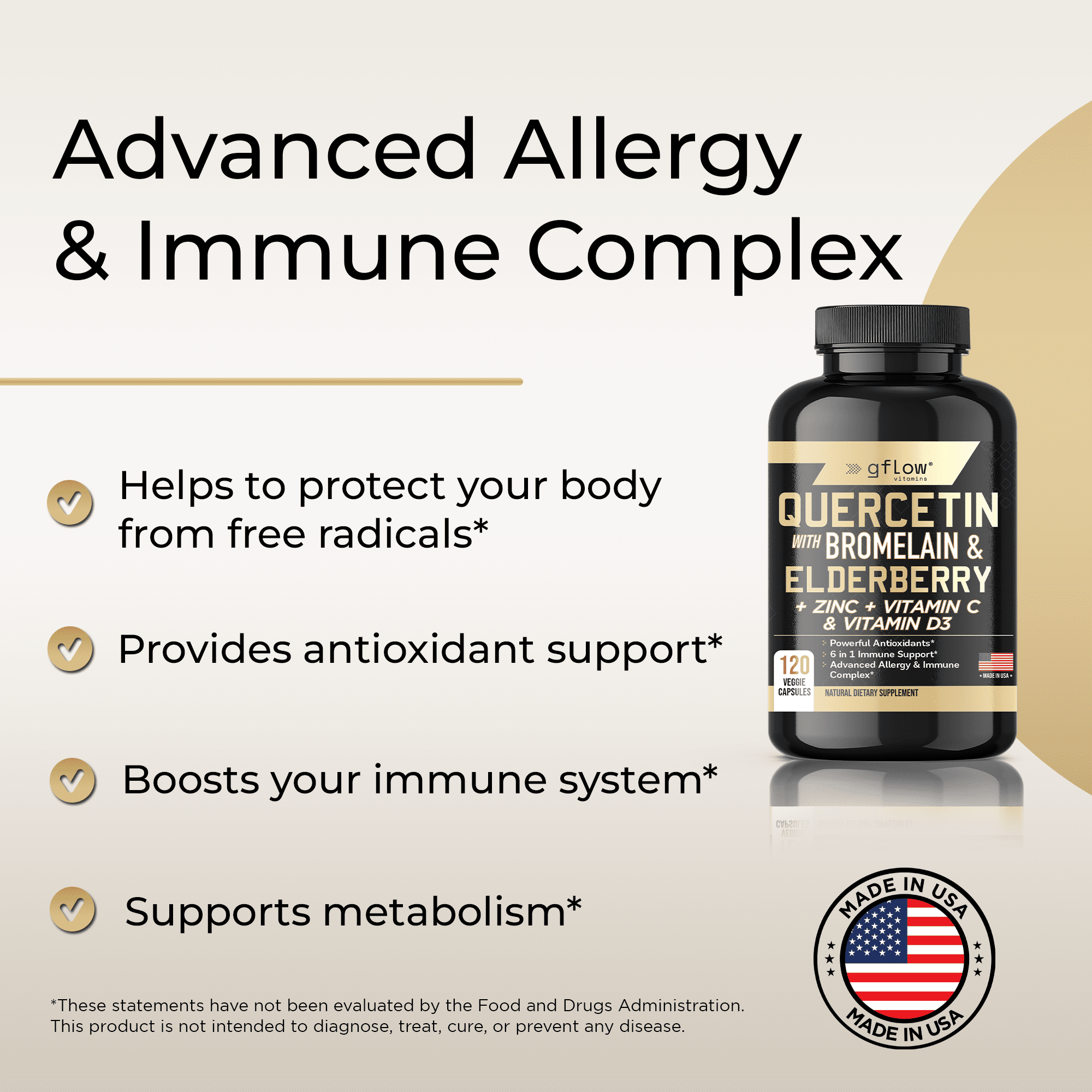 Gflow Vitamins Quercetin with Bromelain, Elderberry, Vitamin C, D and Zinc  - Elderberry with zinc and Vitamin c for Adults (Non-GMO, Vegan) - 4 months supply