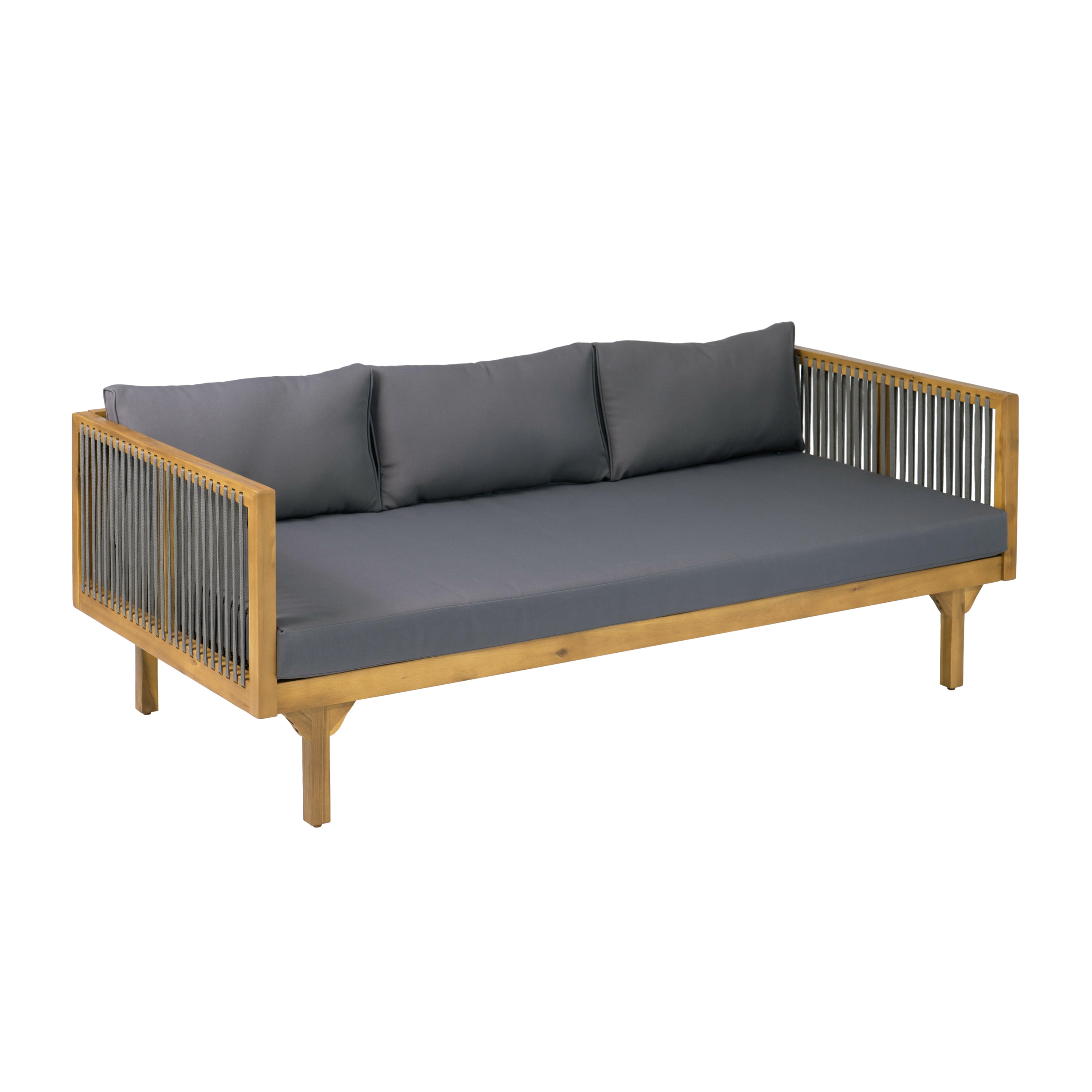 Patio Sofa, Outdoor Dark Grey Cushion Sofa with Grey Rope Acacia Wood for Garden Deck, Teak