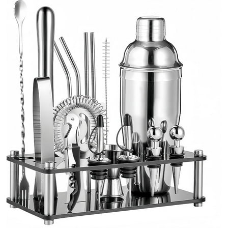 18-Piece Professional Cocktail Shaker Set and Bartender Kit with Stand, Stainless Steel Bar Tools Gift Set with Muddler, Jigger, Mixing Spoon for Home Bar and Mixology