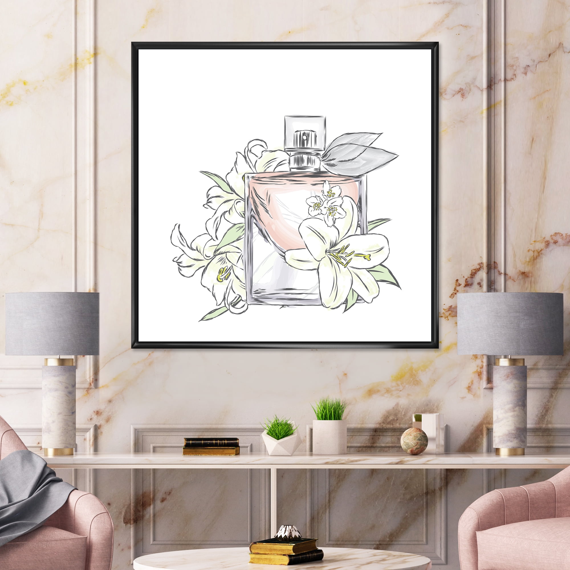 Bouquet of Flowers and Perfume Bottle II 36 in x 36 in Framed Painting Canvas Art Print, by Designart