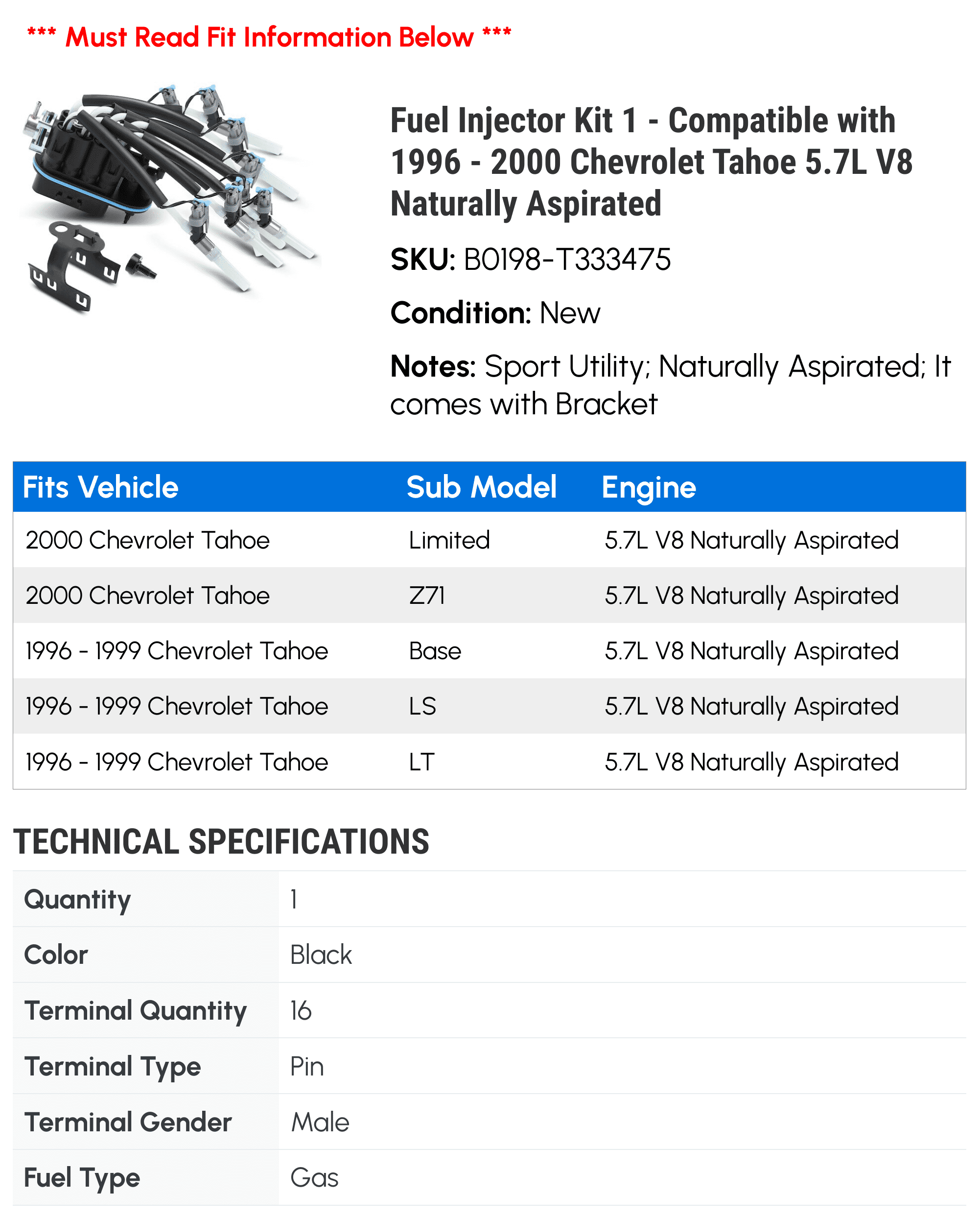 Fuel Injector Kit 1 - Compatible with 1996 - 2000 Chevrolet Tahoe 5.7L V8 Naturally Aspirated - Autopart Premium