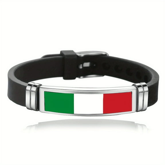Men'S Adjustable Silicone Bracelet, Silicone Bracelet with Italian Flag And Stainless Steel, Travel Souvenir Gift.,Silver