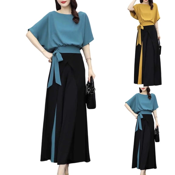 Favoffer Women's Color Block 2-Piece Casual Outfit Short Sleeve Tie-Waist Top and Wide Leg Pants Set
