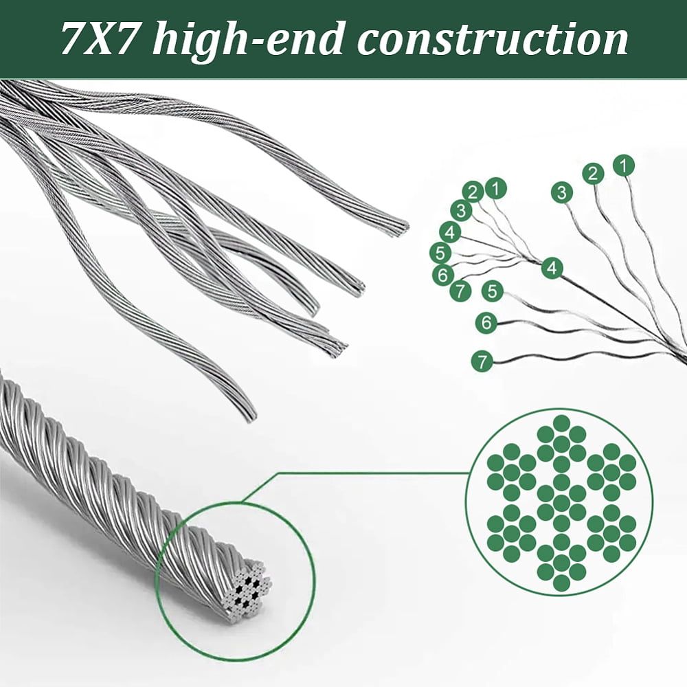Tiger Tail Nylon-coated 304 Stainless Steel Wire Round Stainless Steel Color 12 Gauge(2mm) 328.08 Feet(100m)/Roll