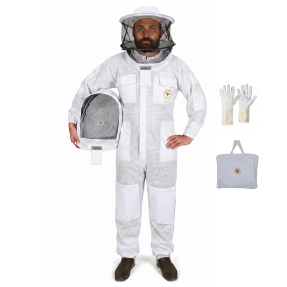Beekeeping Suit Ventilated 3 Layer Ultra with Total Protection with Safety Fencing for Professional Beekeeping Supplies with Carrying Bag (BP-311-White)-XXL