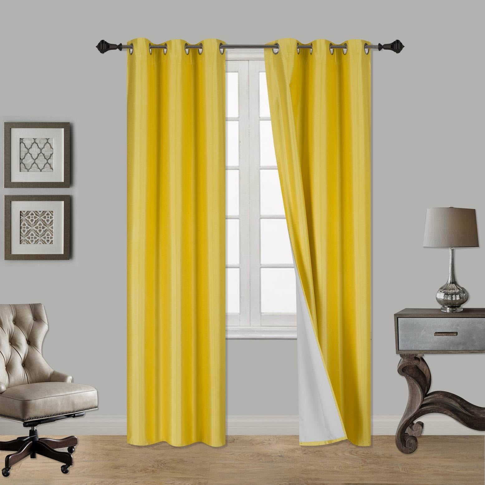 Silver Grommets Panel 100% Blackout 3 Layered Window Curtain 1 Set Yellow 