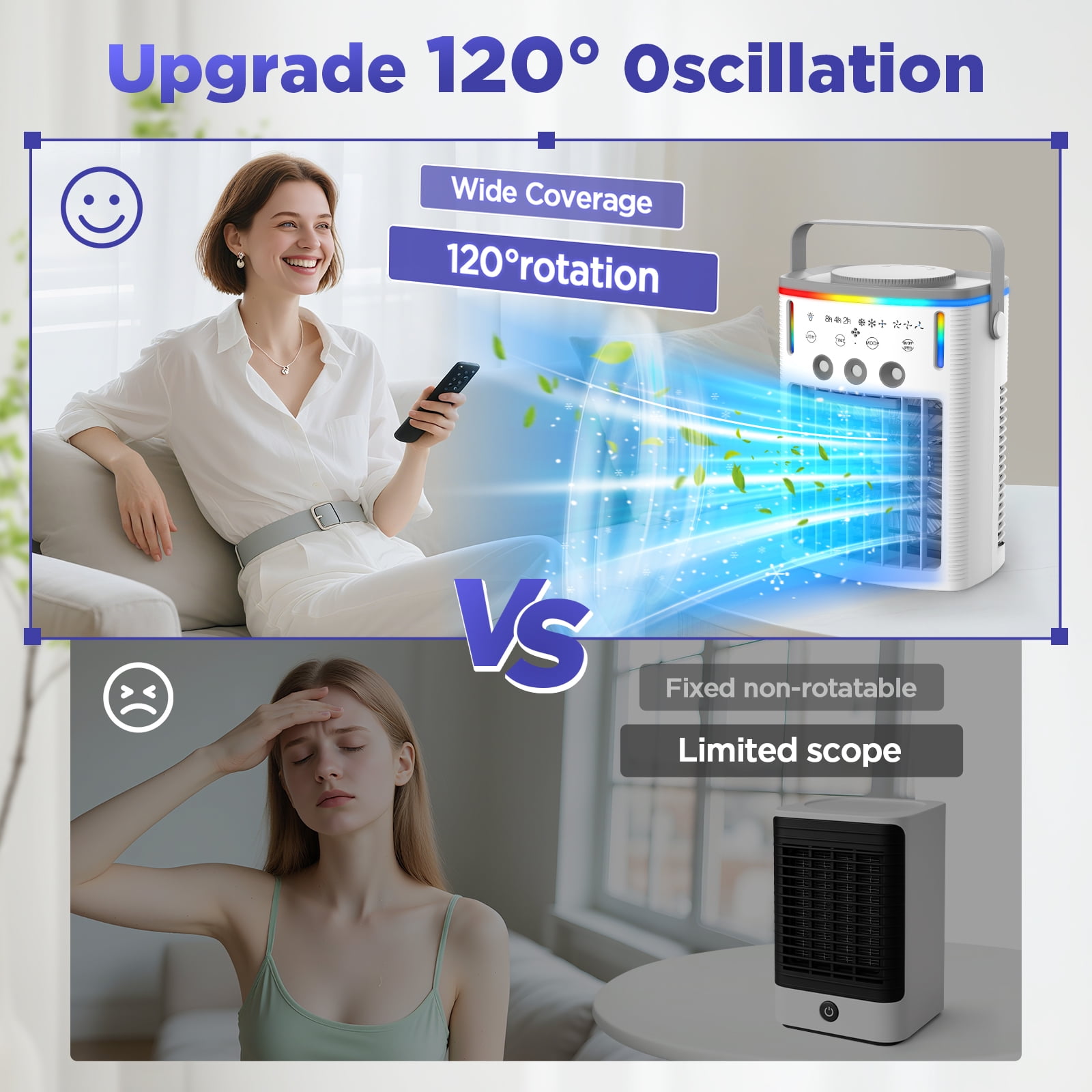 2100 RPM Quiet 4-in-1 Portable Cooling Fan with 3 Speeds, 3 Modes, 2-8 Hour Timer, 1000ml Water Tank and Colorful Night Light for Room, Camping, Car, Office Use