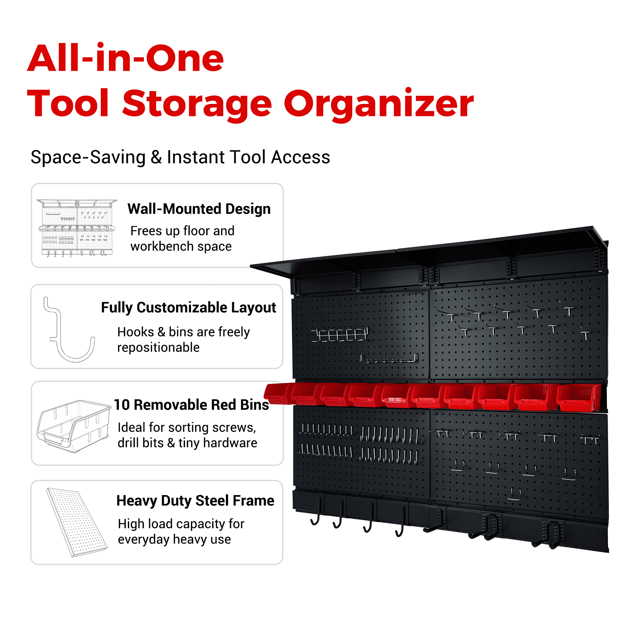 Pegboard Wall Organizer,48 x 36 inch Garage Storage Pegboard ,Metal Peg Board with Hooks & Storage Bins, Tool Panel Organizer