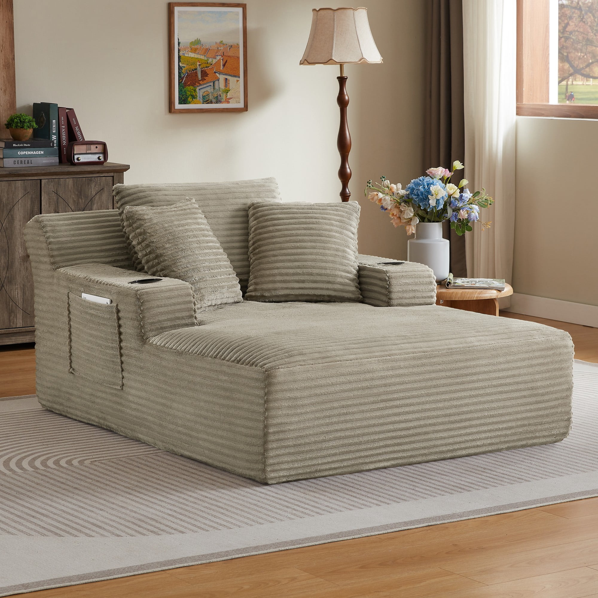 BSHTI 66.1" Corduroy Oversized Chaise Lounge Chair with Cup Holder, Side Pockets and Boneless Design for Living Room（Camel）