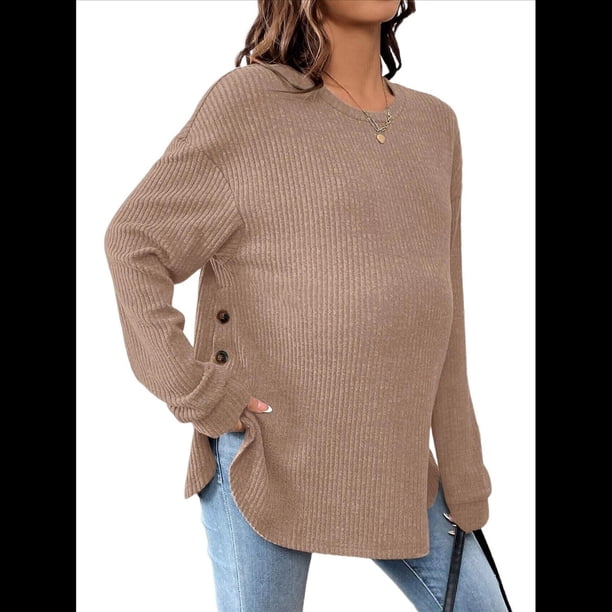 Camiseta de Maternidad de Larga para Mujer, Top Deportivo, Túnica, Atuendo para Mamá. Caqui L