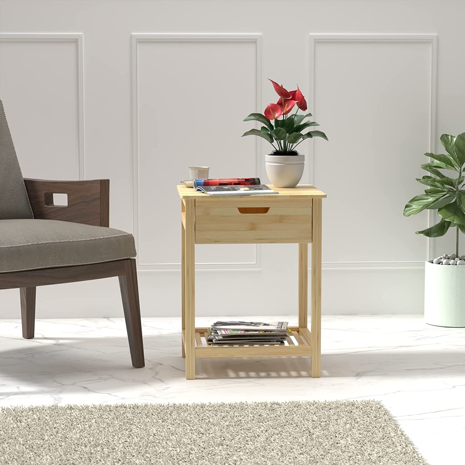 Kadyn Bamboo Side Table, End Table with Storage Shelves, Tall Nightstand Bedside Table for Living Room Bedroom Office, Nature