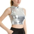 thumbnail image 3 of Women Faux Leather Shiny Wetlook Mock Neck Crop Top Vest Tank Top Dance Clubwear, 3 of 13