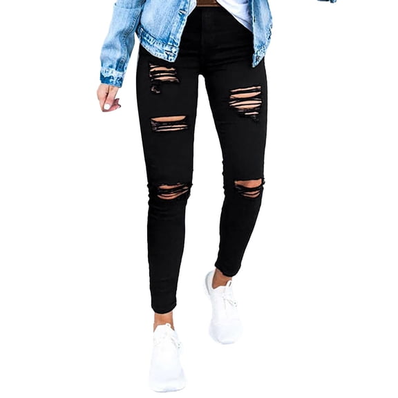 Ticikt Ripped Jeans for Women High Waisted Stretch Slim Fit Distressed Denim Jeans Pants,Color:Black,Size:L