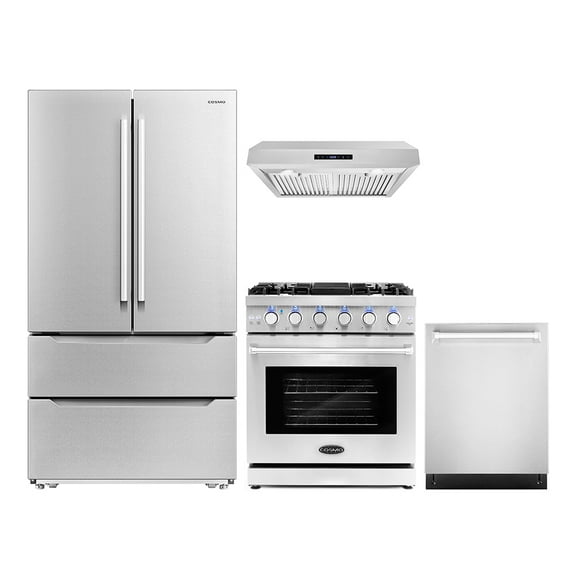 Cosmo 4 Piece Kitchen Appliance Package with 30" Freestanding Gas Range 30" Under Cabinet Range Hood 24" Built-in Dishwasher & 48 Bottle Freestanding Wine Refrigerator Kitchen Appliance Bundles