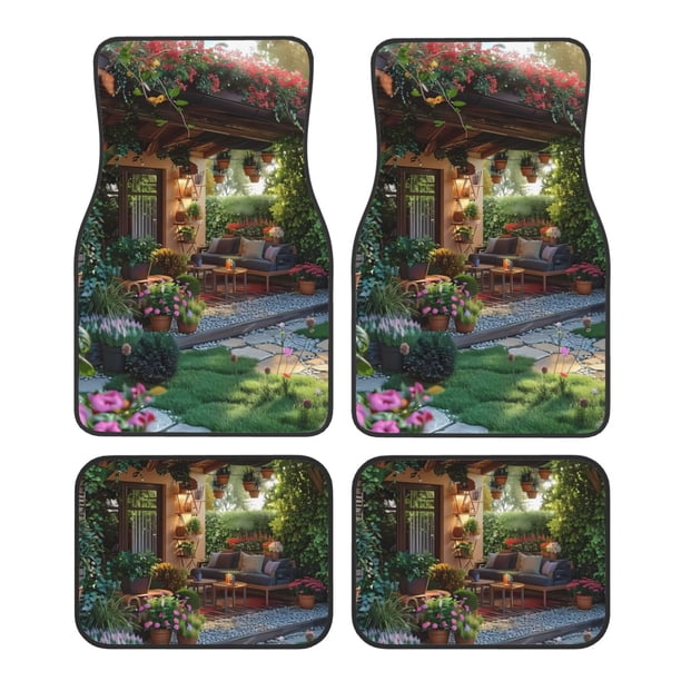 Fotbe Charming Garden Patio Juego de 4 Tapetes para Auto con Estampado – Alfombrillas de Goma Reforzada, Diseño Antideslizante, Protección para Todo el Año – Vehículos, Autos, Camionetas y SUVs