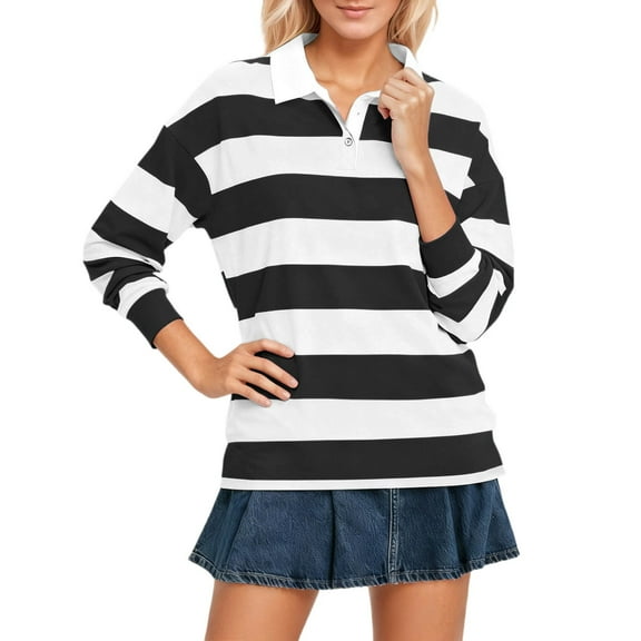 XIAOCHA Women's Long Sleeve Striped Flip Collar T-Shirt Casual Loose Fit Comfortable Basic Top For Fall Winter Daily Wear