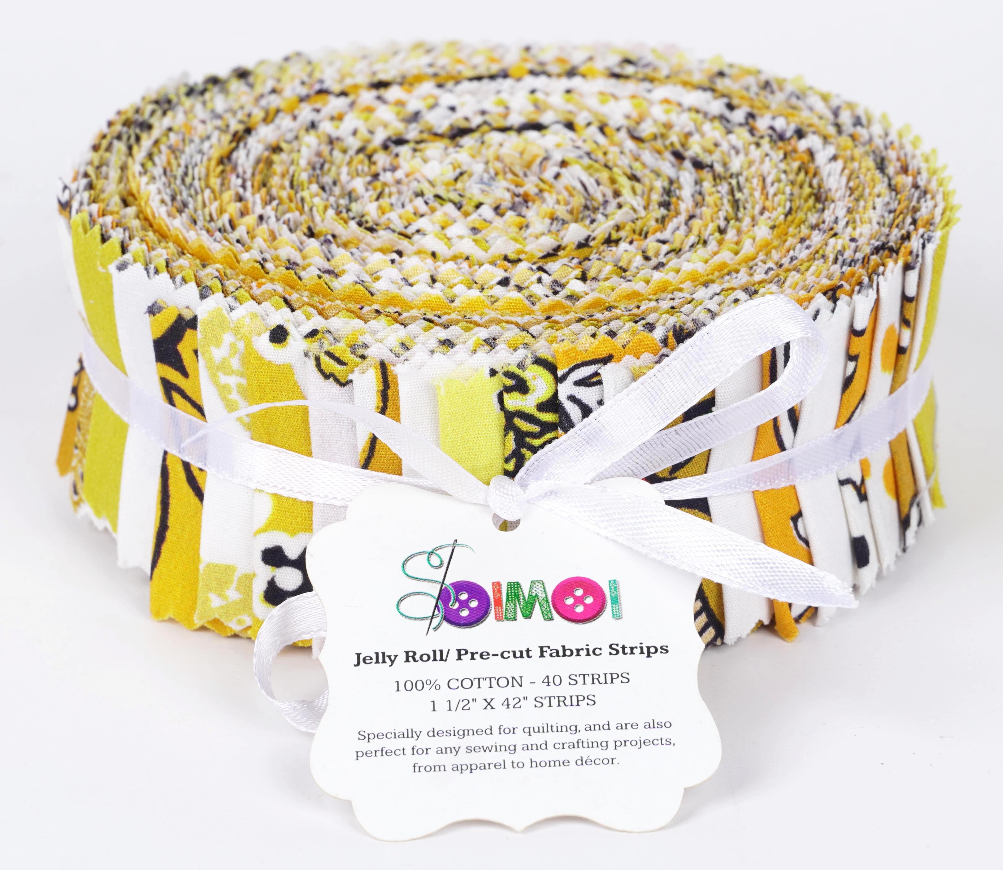 Soimoi 40Pcs Block Print Precut Fabrics Strips Roll Up 1.5x42inches Cotton Jelly Rolls For Quilting - Yellow