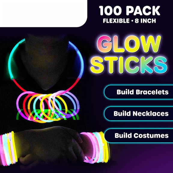 100 Glow Sticks Bulk Party Pack 8”– Neon Glow in the Dark Party Supplies, Glowsticks with Connectors Bracelets & Necklaces, Light Up Favors for Kids, Adults, Birthdays, Parties, Decorations
