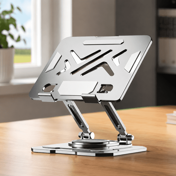 Aluminum Laptop Stand – 360° Rotating Aluminum Laptop Stand, Fully Foldable Height Angle Adjustable Ergonomic Notebook Riser, Ventilated Cooling Laptop Holder for Desk Home Office