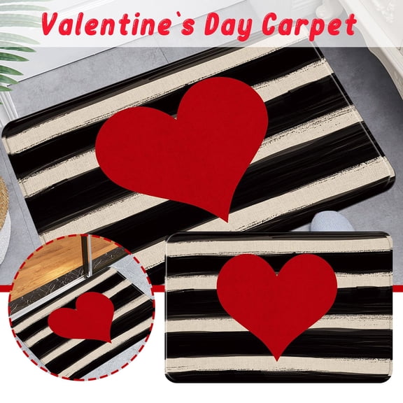 Valentine's Day Red Love Heart & Black-White Stripe Doormat - 16 X 24 Inch Rectangle Polyester Carpet, Non-Slip Welcome Mat for Bathroom/Entryway/Living Room, Romantic Valentine's Home Decor Carpet