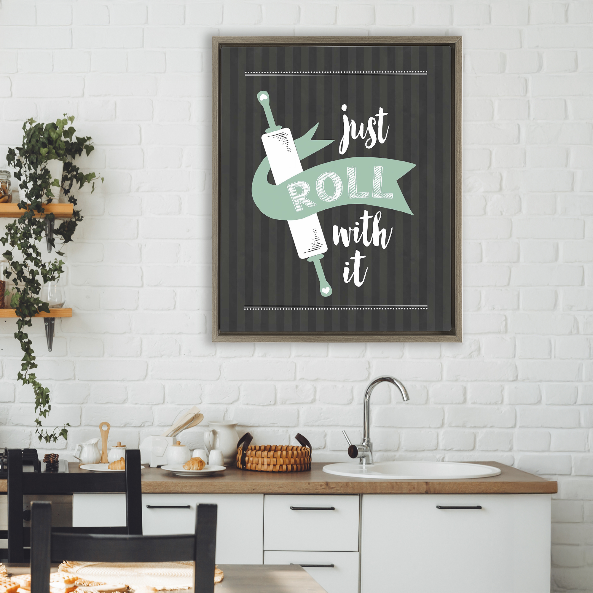 Roll With It Black & Green Brown Framed Floater Canvas Wall Art, design by Lettered and Lined