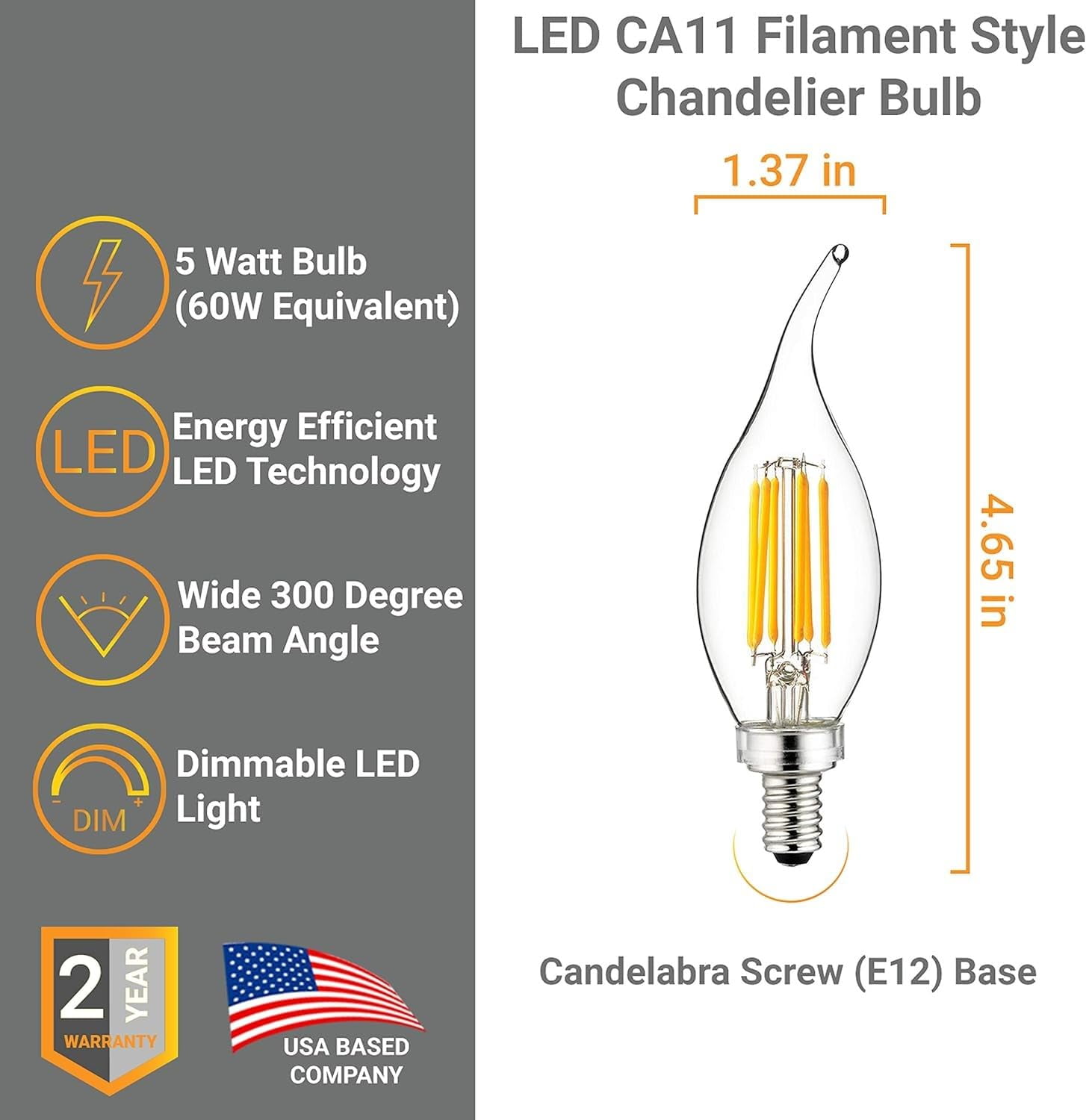 Diodesy- Pack of 6 CFC/LED/FS/5W/E12/D/CL/27K E12 Candelabra Candle LED Light Bulbs, Dimmable, 5W (60W Equivalent), 2700K Warm White, Edison Bulb, Flame Tip Chandelier and Ceiling Fan Light Bulbs, UL
