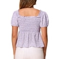 thumbnail image 3 of Blusa Floral para Mujeres INSPIRE CHIC con Escote Corazón, Manga Corta Abullonada, Top Peplum Fruncido, Color Púrpura Claro, Talla M, 3 of 6