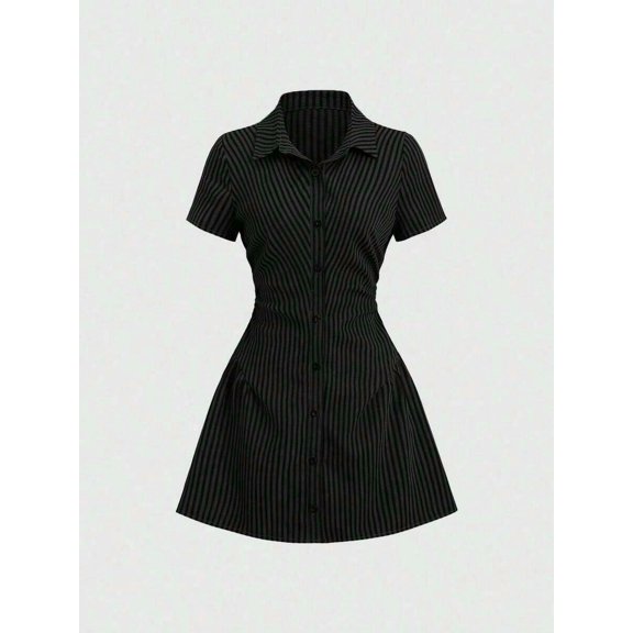 Black Striped Short Sleeve Shirt Dress With Collar And Button Front, Fit & Flare Silhouette For Summer