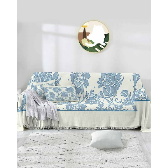 Green Ethnic Flowerl Sofa Covers for 3 Cushion Couch,Washable Sectional & L Shape Couch Covers for Dog/Cat/Kid,Vintage Bohemian Farmhouse Non Slip Sofa Slipcover Tassel Futon Cover 71''x150''