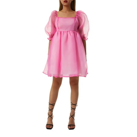 Juaugusep Womens Puff Sleeve Square Neck Puffy Dress Babydoll Mesh Mini Dress High Rise Flare Dress