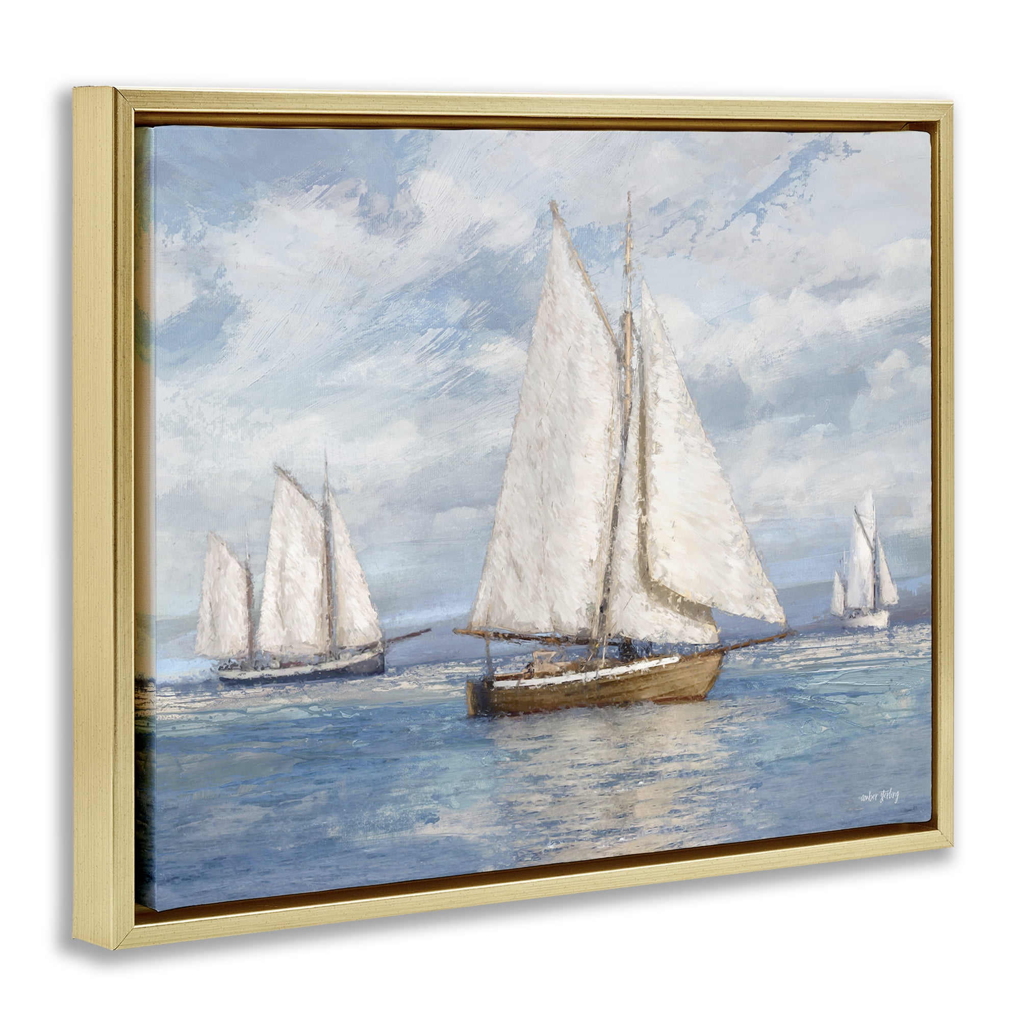 Stupell Industries Sailboat Trio Impression Nautical & Beach Painting Gold Floater Framed Canvas Art Print Wall Art, 31 x 25