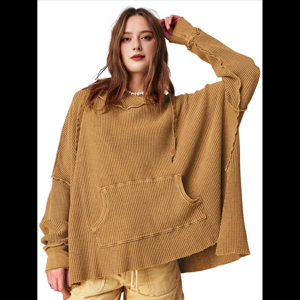 Sudadera con Capucha Extragrande para Mujer, Jersey con Mangas Murciélago y Cuello Redondo, Jersey con Diseño de Gofre Marrón L