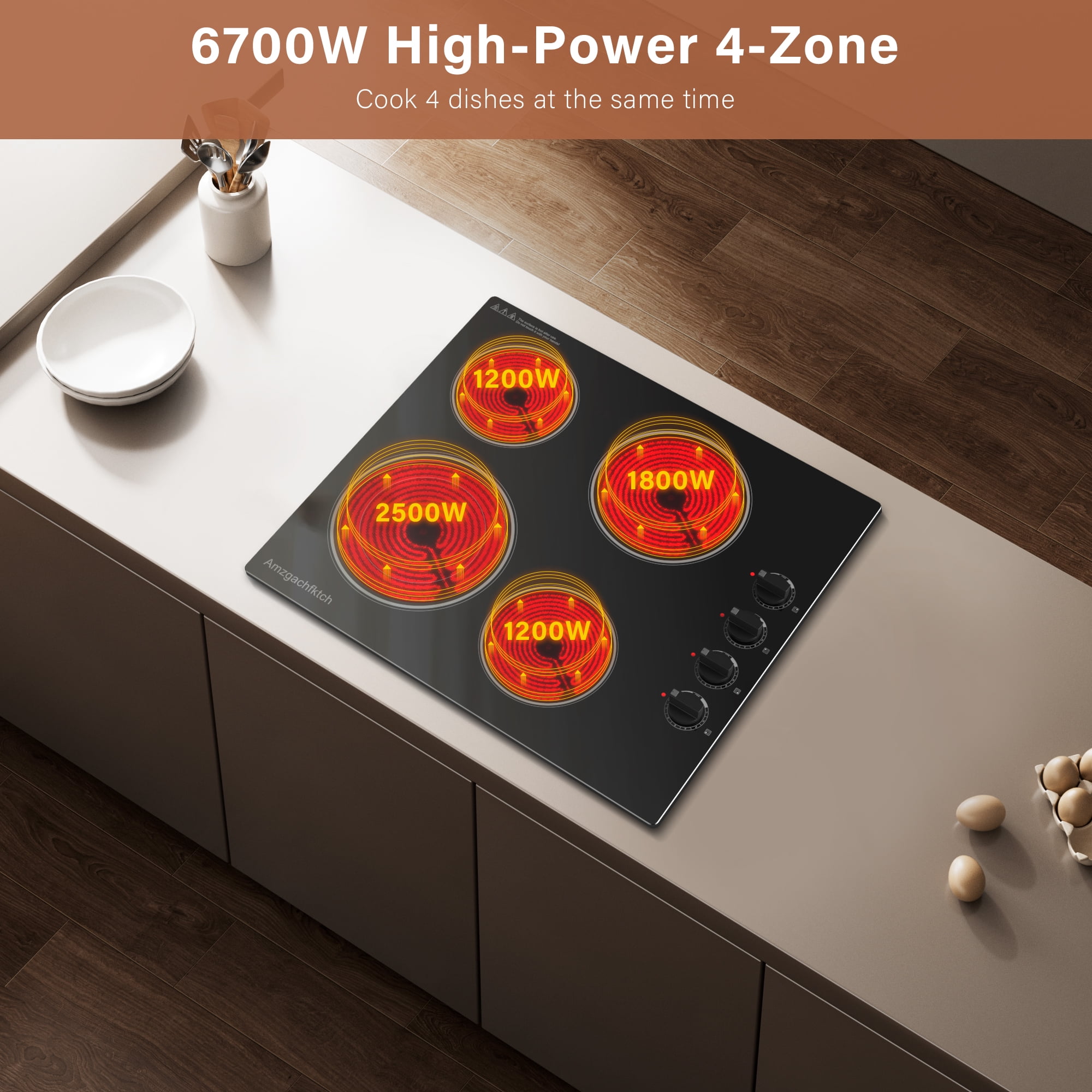 24" Built-In Electric Cooktop 6700W 4-Burner, Radiation-Free Ceramic Glass, Knob Control & 9 Levels, All Cookware, Easy Clean‌