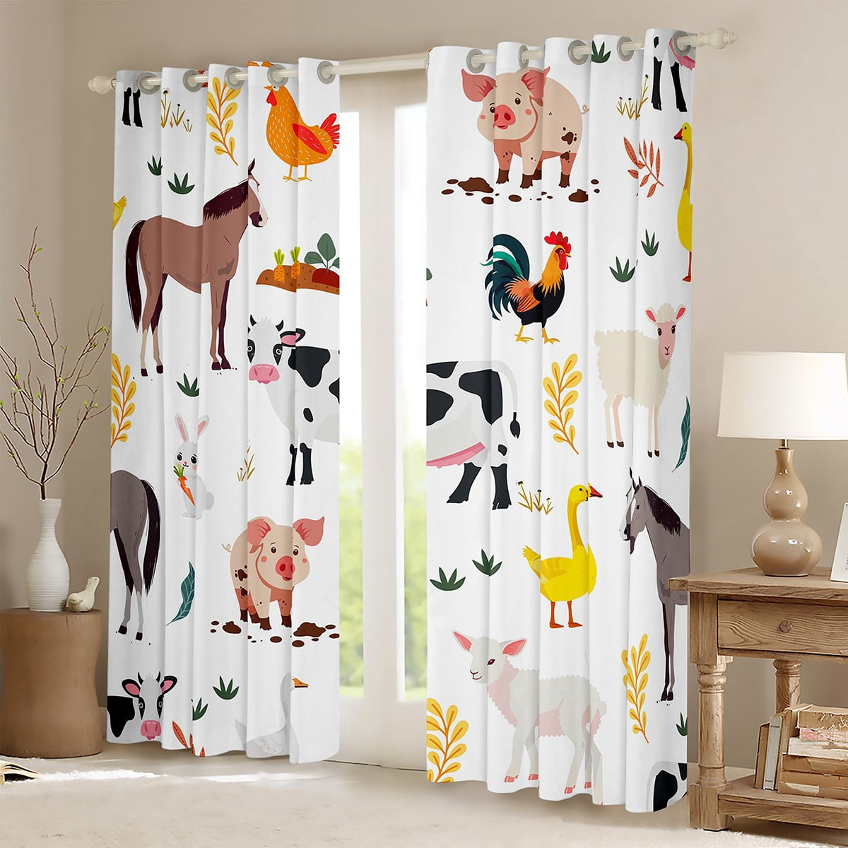 jejeloiu Rustic Farmhouse Animal Black Out Curtains,Pig Cow Rabbit Curtains Pack of 2 (42x63 Each),Cartoon Farm Nursery Bedroom Curtains For Child,Breathable Home Decor