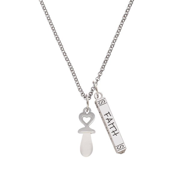 Delight Jewelry Silvertone 3-D Clear Frosted Baby Pacifier Silvertone Believe Faith Prayer Hope Bar Charm Necklace, 23"