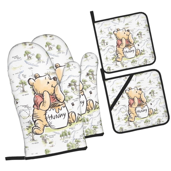 Winnie the pooh Oven Mitts Pot Holders Set Non-Slip Cooking Kitchen Gloves Washable Heat Resistant Oven Gloves for Microwave BBQ Baking Grilling