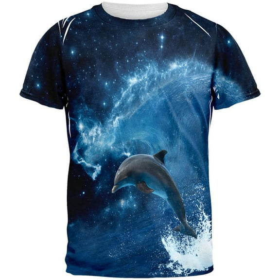Dolphin IN SPACE Ocean Wave All Over Adult T-Shirt - 2X-Large