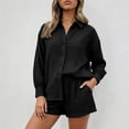 thumbnail image 2 of DHFJKG 2 Piece Summer Outfits Women Shorts Set Textured Long Sleeve Button Up Shirts And Shorts Loose Fit Matching Sets Stylish Outfit, 2 of 5