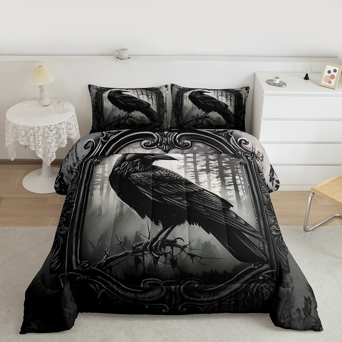 jejeloiu Wild Crow Queen Comforter Set,Dark Style Bedding Sets
