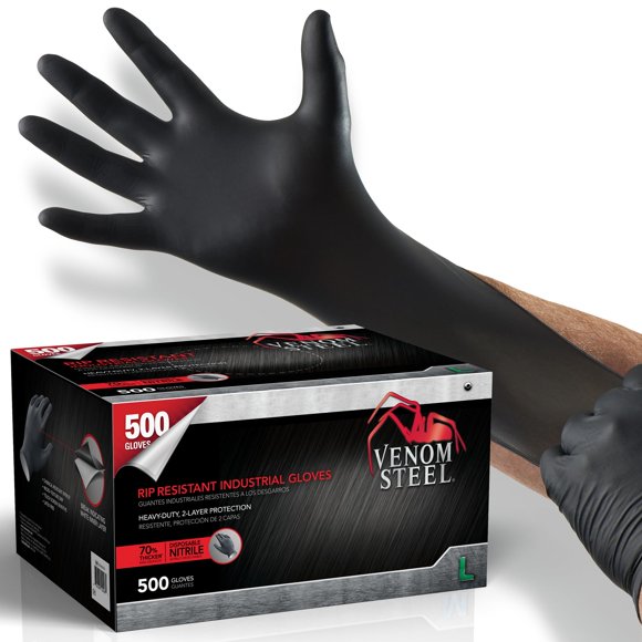Guantes de nitrilo Venom Steel resistentes a productos químicos, negros, 6 ml L