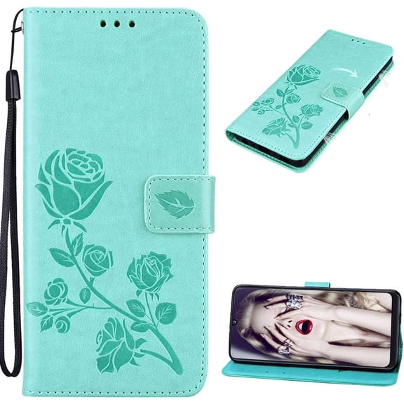 Wallet Case for Xiaomi Redmi 10C, [Wrist Strap] Rose Flower Cover with Credit Card Holder Cash Pockets Flip Phone Case for Xiaomi Redmi 10C      Green