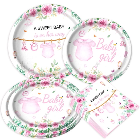 Sweet Baby Shower Party Supplies - Pink Floral & Pastel Theme Disposable Tableware Set for Celebrations