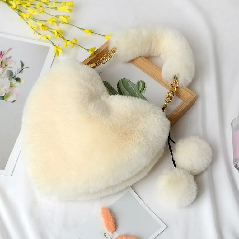 Kukuzhu Faux Fur Winter Women Handbags Cute Plush Ladies Heart Shaped Shoulder Bag Cute Female Clutch Purse Love Handbags Messenger Bag Walmart